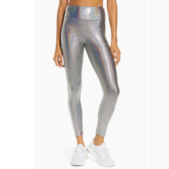 HEROINE SPORT WOMENS MATRIX METALLIC SILVER GLITTER HIGH WAIST LEGGINGS MEDIUM - Picture 1 of 8